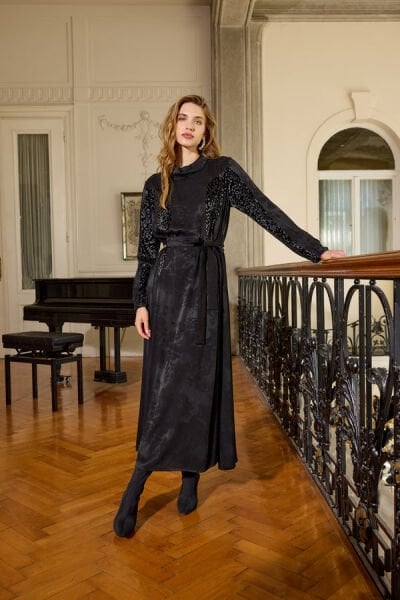 Misswhence Kadife Detaylı Jakarlı Cupra İpek Elbise 38801