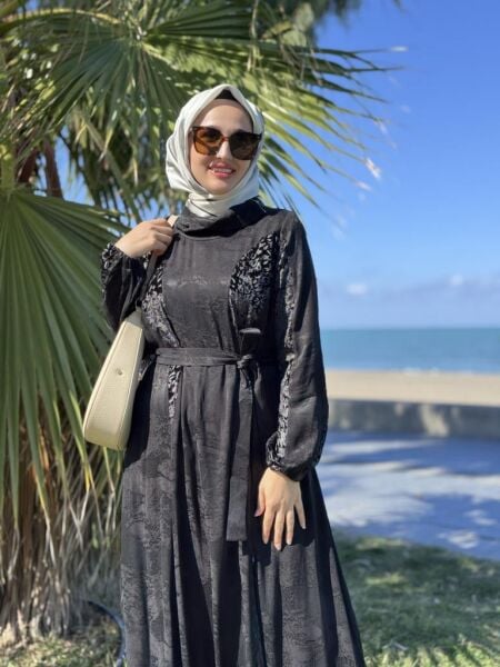 Misswhence Kadife Detaylı Jakarlı Cupra İpek Elbise 38801