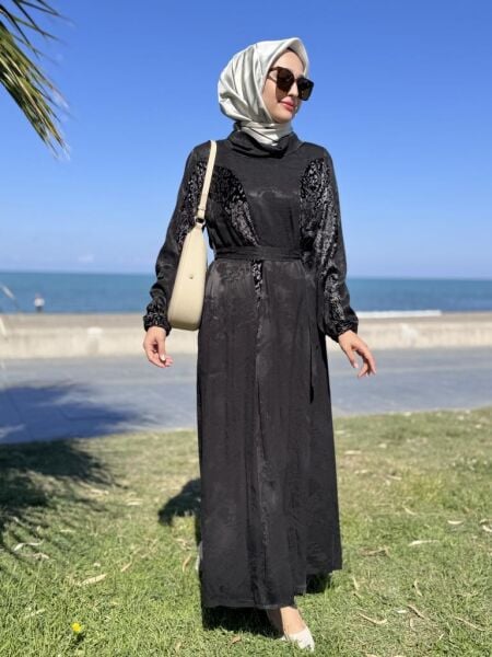 Misswhence Kadife Detaylı Jakarlı Cupra İpek Elbise 38801