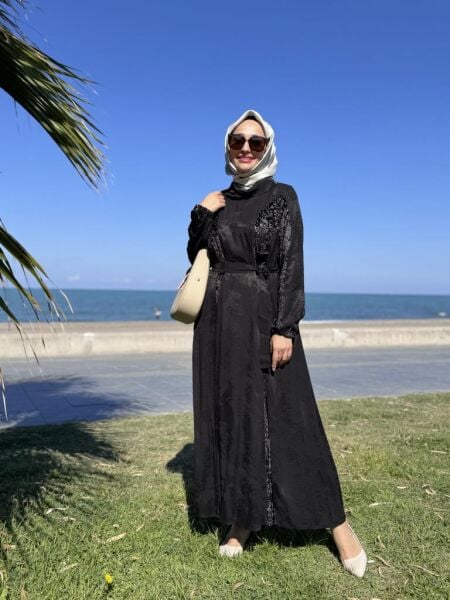 Misswhence Kadife Detaylı Jakarlı Cupra İpek Elbise 38801