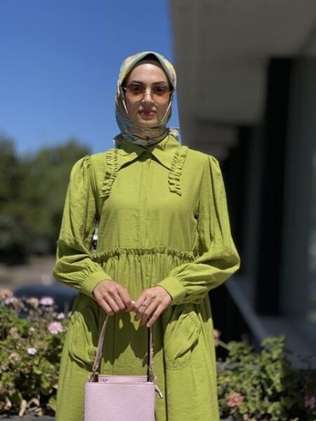 Almarwah Yaka ve Bel Detaylı Cepli Viscon Elbise 303653