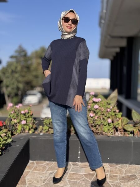 Tığ Triko Kumaş Kombinli Yandan Yırtmaçlı Rayon Tunik TNK21915