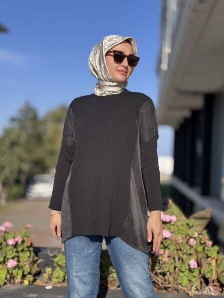 Tığ Triko Kumaş Kombinli Yandan Yırtmaçlı Rayon Tunik TNK21915