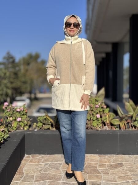 Tığ Triko Kürk Desenli Kadife Doku Kombinli Kaban KBN6013