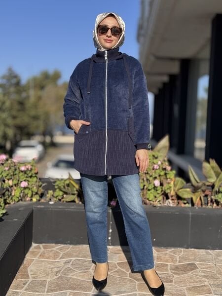 Tığ Triko Kürk Desenli Kadife Doku Kombinli Kaban KBN6013