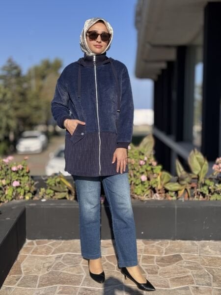 Tığ Triko Kürk Desenli Kadife Doku Kombinli Kaban KBN6013