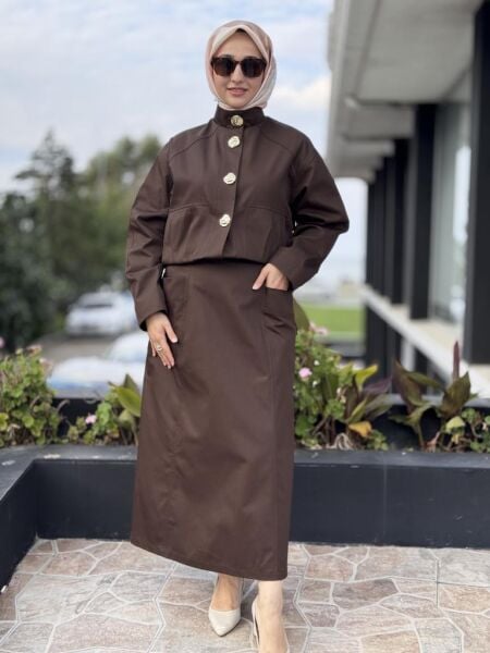 Kahma Gold Düğme Detaylı Kanvas Ceket Etek Takım