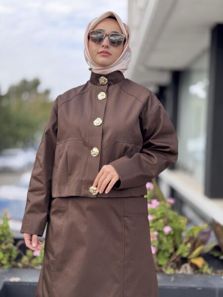 Kahma Gold Düğme Detaylı Kanvas Ceket Etek Takım