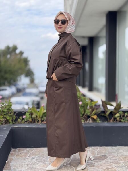 Kahma Gold Düğme Detaylı Kanvas Ceket Etek Takım