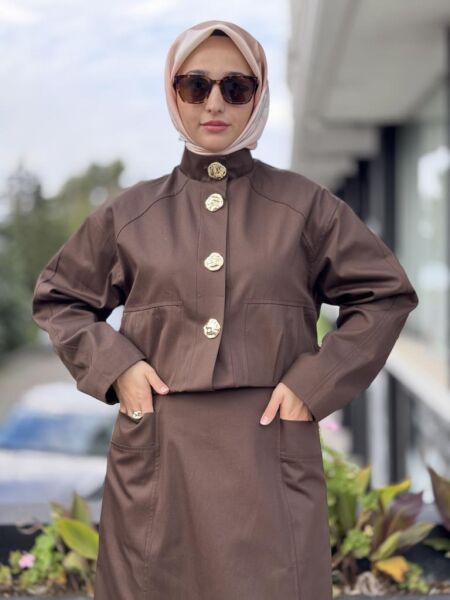 Kahma Gold Düğme Detaylı Kanvas Ceket Etek Takım