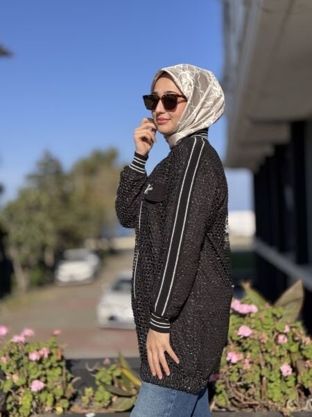 Tığ Triko Simli Bomber Kap KAP3109