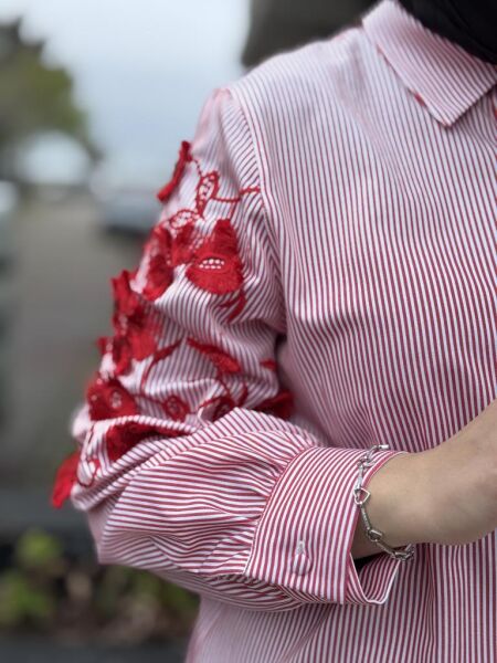 Qupra Kolları Nakışlı Çizgili Poplin Gömlek WAB84009