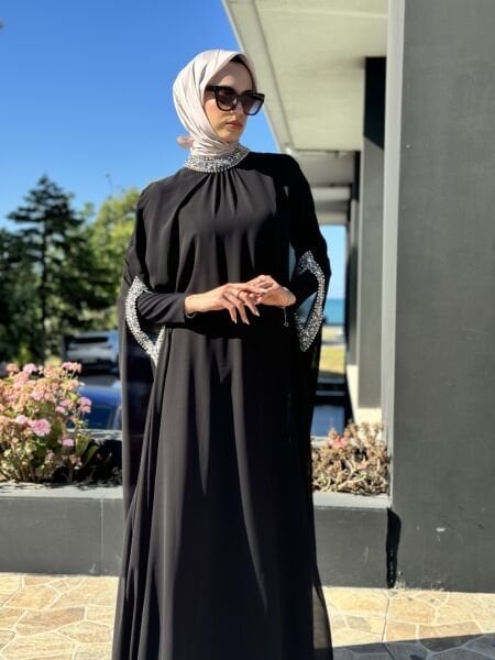 Jamila Sarah Kolları Yakası Taşlı 2 Li Siyah Pelerin,Balık Abiye Elbise 3049