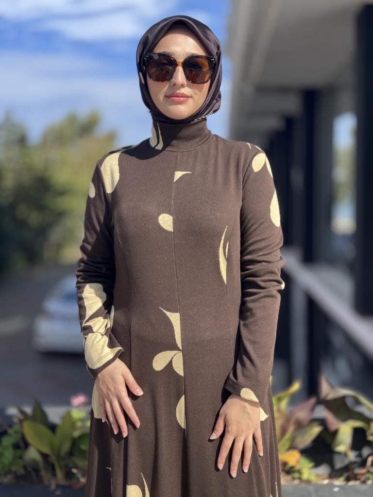 Kahma Kontrast Desenli Parçalı Örme Elbise