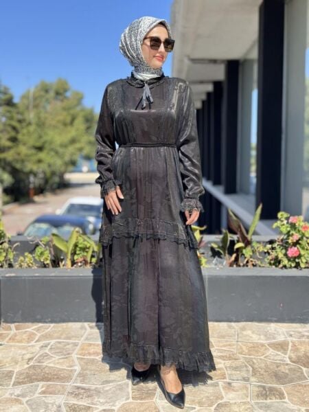 Misswhence Dantel Detaylı Jakarlı Cupra İpek Elbise 38805