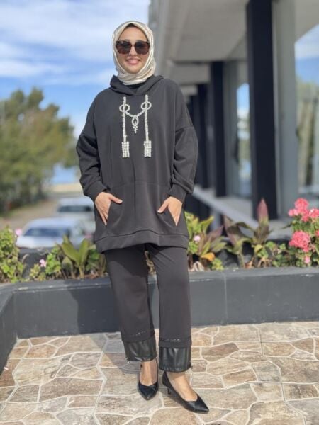 Ghisa Önü Krital Taş Aksesuarlı Tunik Pantolon Takım G4142