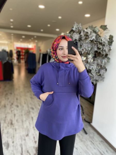 Tığ Triko Yarım Fermuarlı Kapüşonlu Sweat / Tunik TNK2061