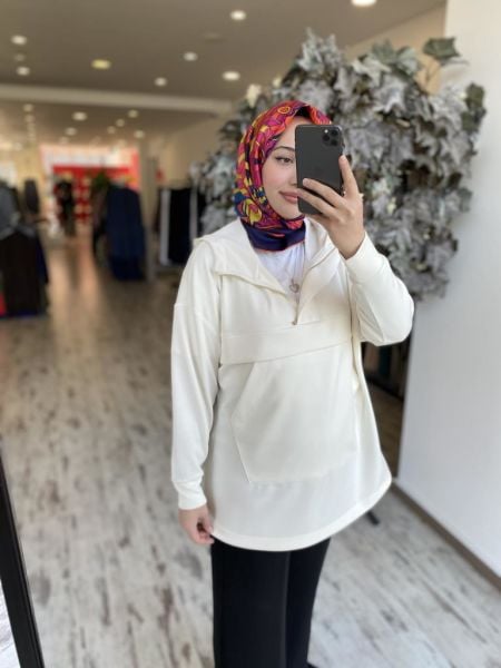 Tığ Triko Yarım Fermuarlı Kapüşonlu Sweat / Tunik TNK2061