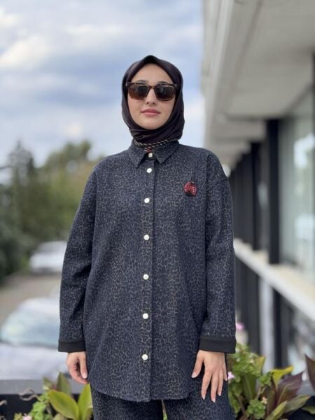 Ghisa Leopar Detaylı Denim Çıtçıtlı Kap/Ceket Pantolon Takım G4103