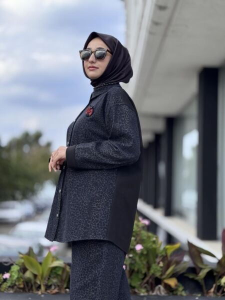 Ghisa Leopar Detaylı Denim Çıtçıtlı Kap/Ceket Pantolon Takım G4103