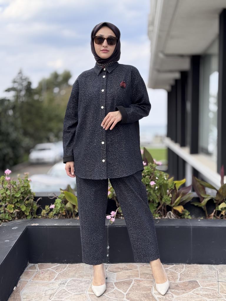 Ghisa Leopar Detaylı Denim Çıtçıtlı Kap/Ceket Pantolon Takım G4103