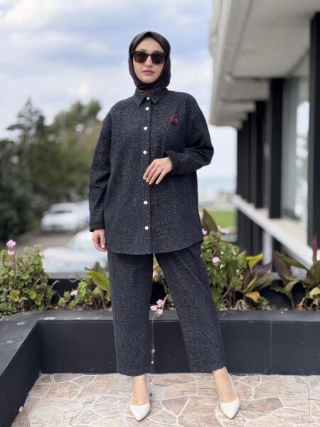 Ghisa Leopar Detaylı Denim Çıtçıtlı Kap/Ceket Pantolon Takım G4103
