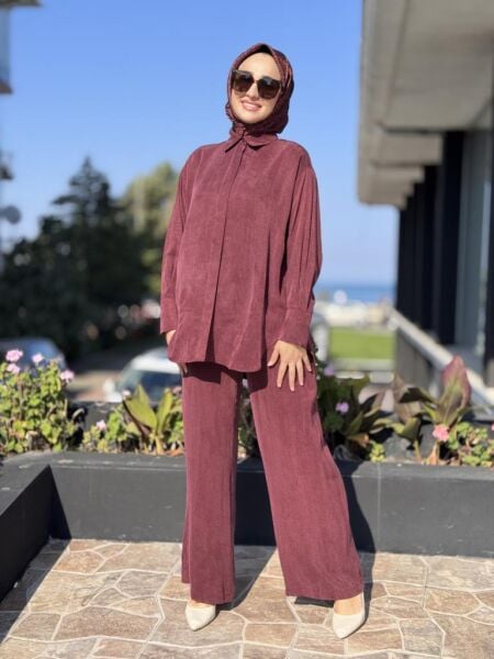 Almarwah Kendinden Çizgili Cupra Tunik Pantolon Takım 202917